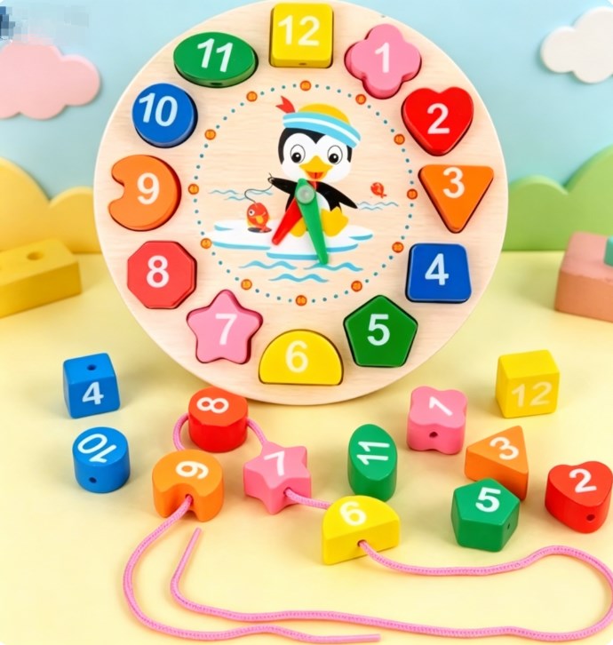 Wooden Penguin Teaching Clock Toy, Montessori Time Learning & Number Puzzle Stacking Educational Toy for Kids Early Development