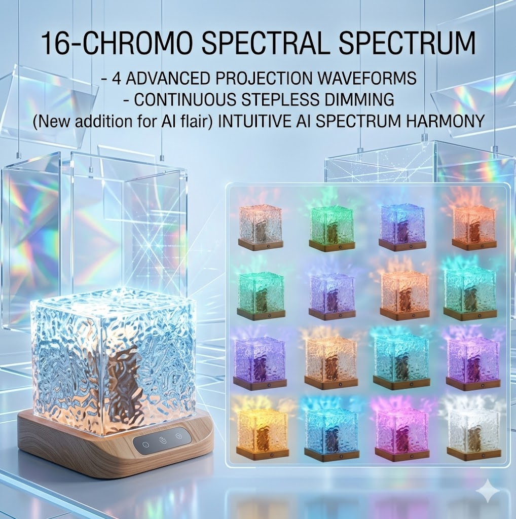 Flame Crystal Atmosphere Lamp - Rotating Water Ripple Projector Light - 16-Color RGB Dynamic Night Light for Modern Home Decor & Aesthetic Room Lighting