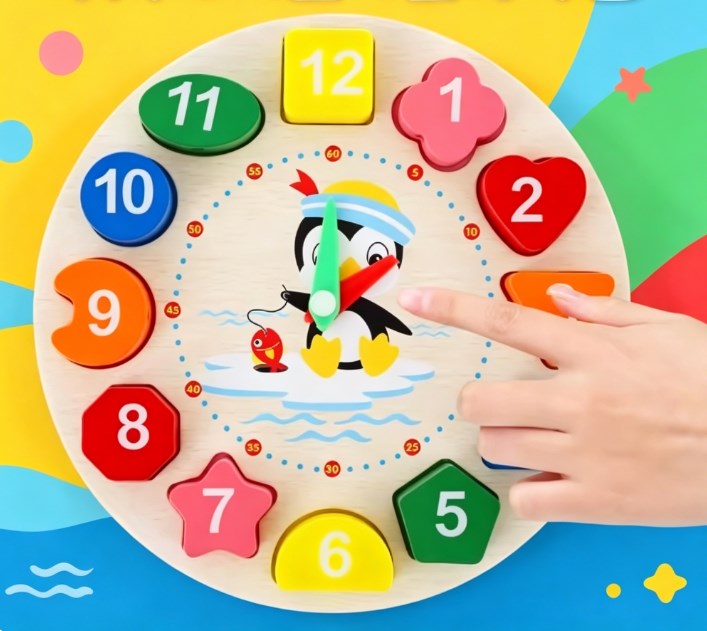 Wooden Penguin Teaching Clock Toy, Montessori Time Learning & Number Puzzle Stacking Educational Toy for Kids Early Development