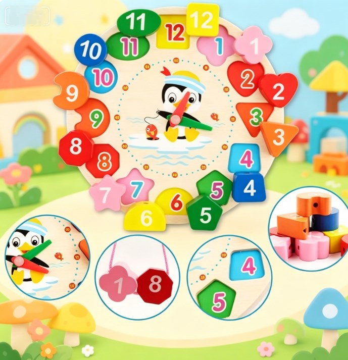 Wooden Penguin Teaching Clock Toy, Montessori Time Learning & Number Puzzle Stacking Educational Toy for Kids Early Development