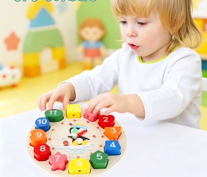 Wooden Penguin Teaching Clock Toy, Montessori Time Learning & Number Puzzle Stacking Educational Toy for Kids Early Development