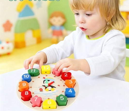 Wooden Penguin Teaching Clock Toy, Montessori Time Learning & Number Puzzle Stacking Educational Toy for Kids Early Development